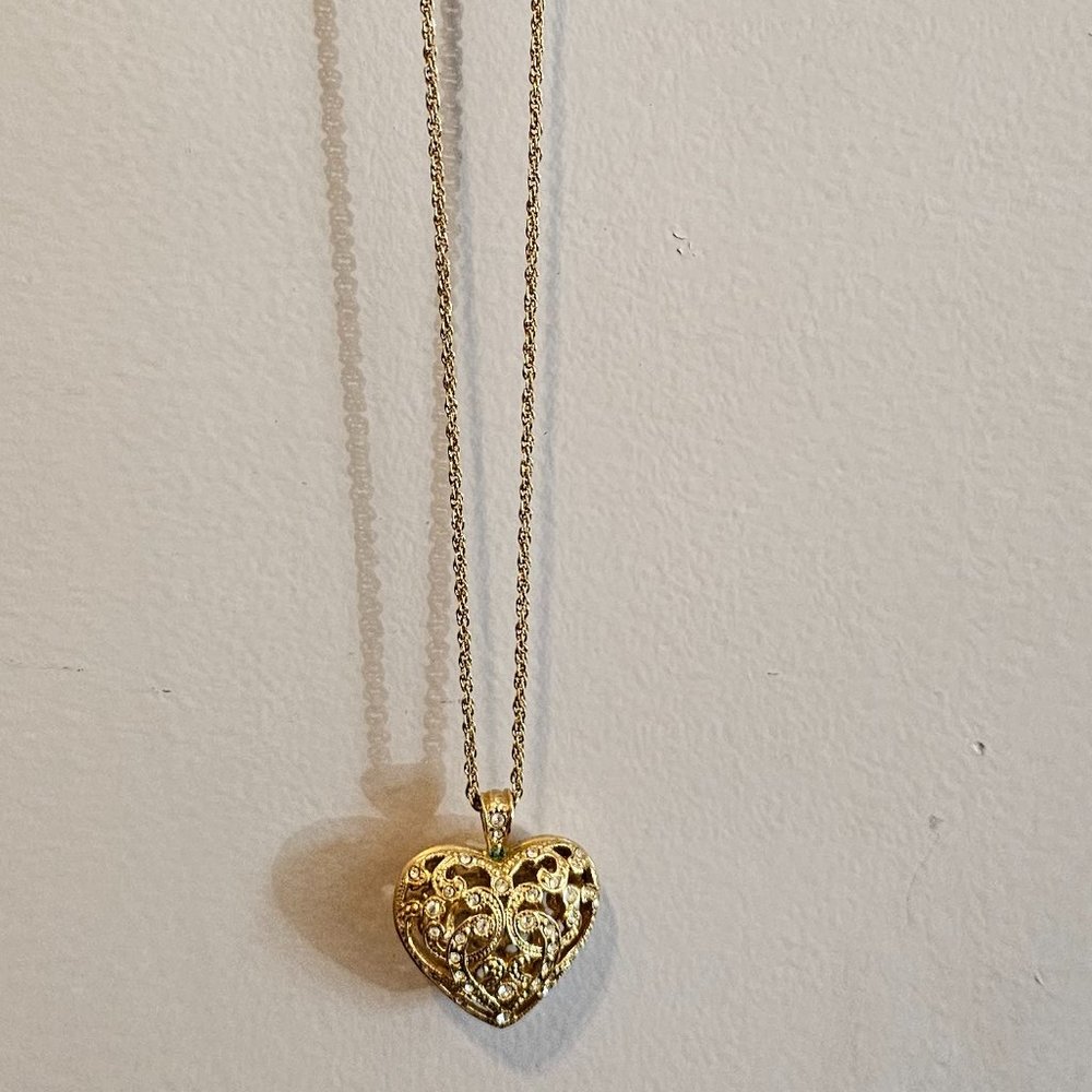 28" Yellow Gold tone "diamond" Puffed Heart Silver Necklace